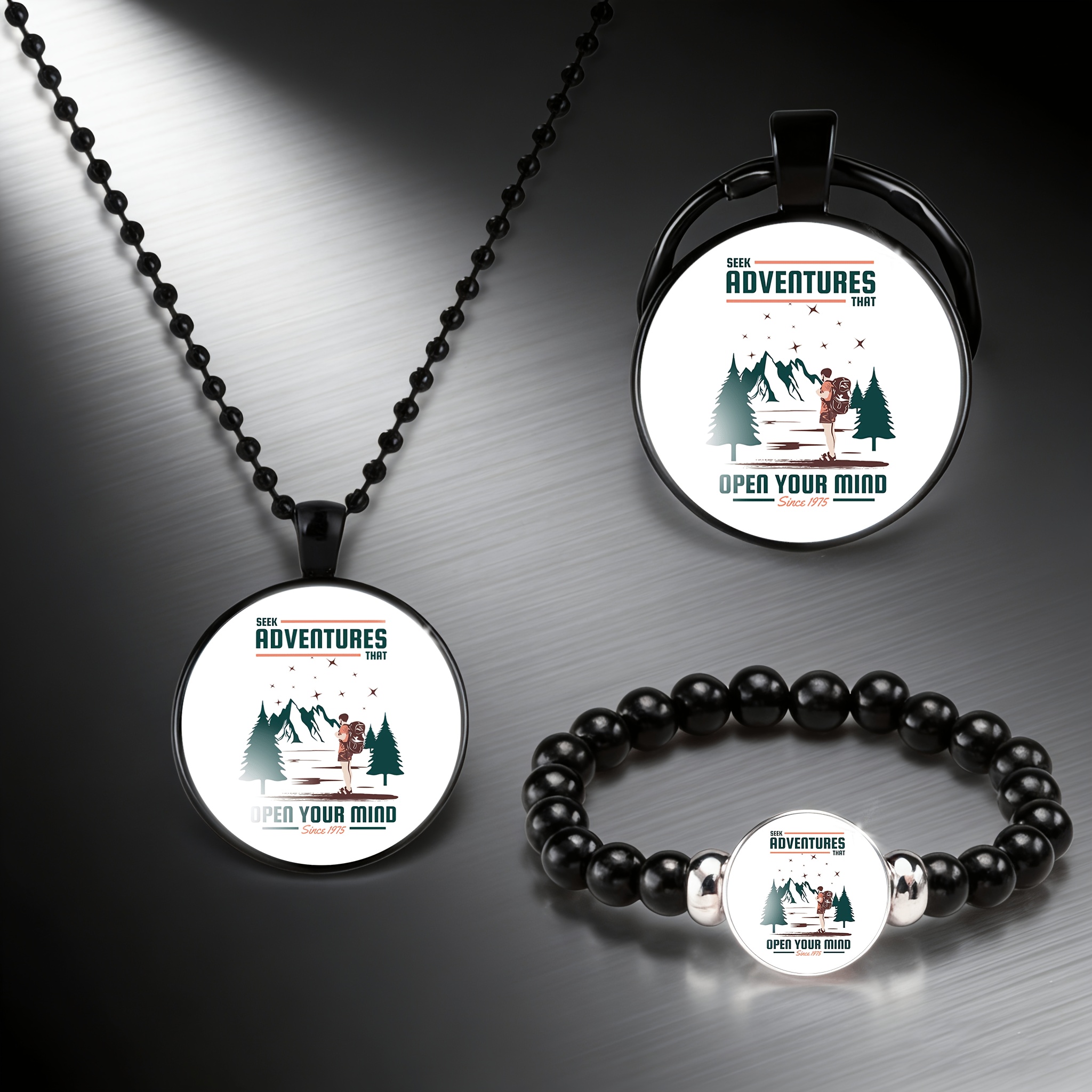 3pc Round Glass Patterned Necklace, Bracelet & Keychain Set